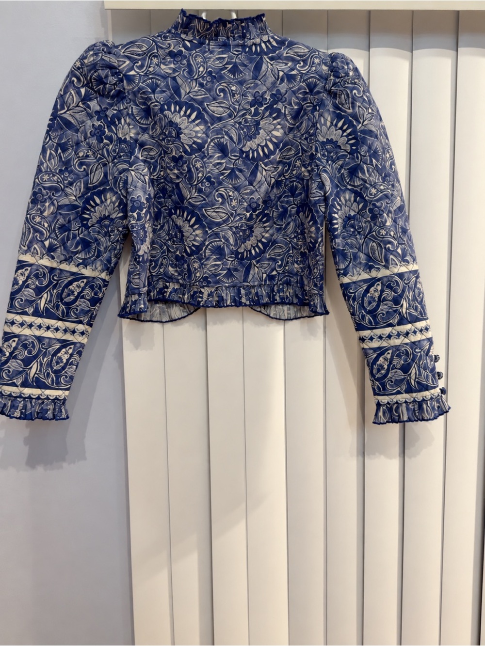 Blue Floral High-Neck Puff Sleeve Blouse